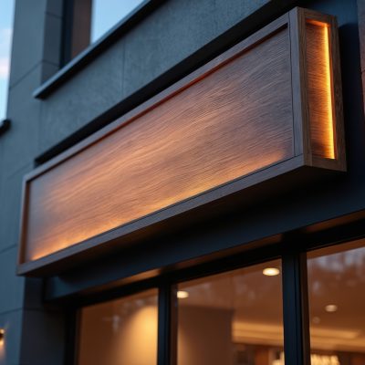 Modern building exterior with illuminated sign mockup. Wooden sign with backlight, creating stylish modern aesthetic look for urban design, branding, advertising. Evening illumination sophisticated