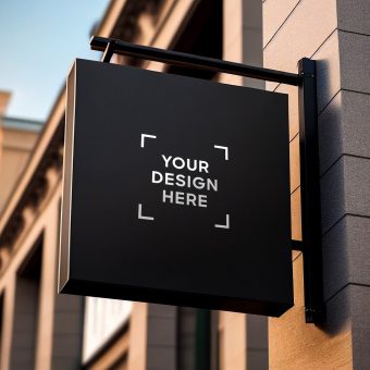 Black square signboard mockup in outside for logo design, brand