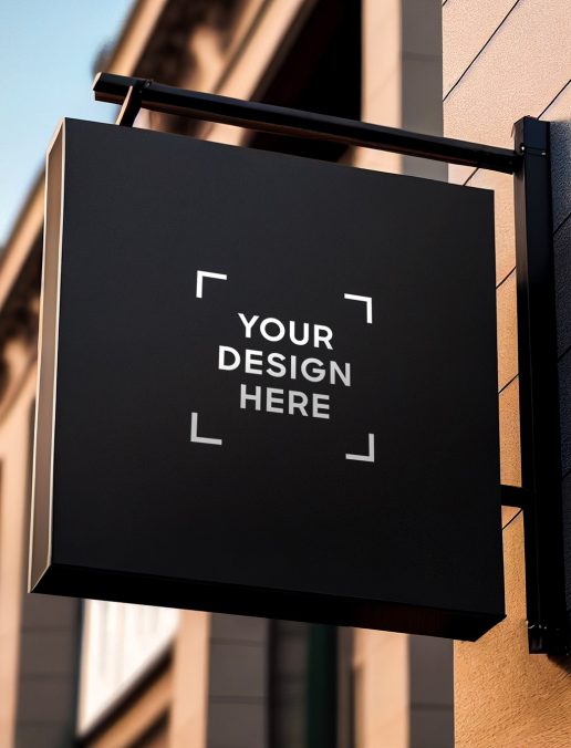 Black square signboard mockup in outside for logo design, brand