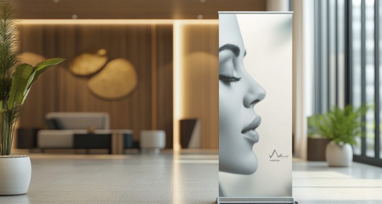 Advertising and promo white empty information booth stand or roll up board. Realistic vector illustration set of blank portable vertical pullup info banner mockup for ad and product presentation.