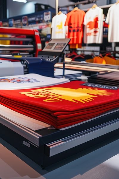 Modern printing machine with t-shirt at printshop