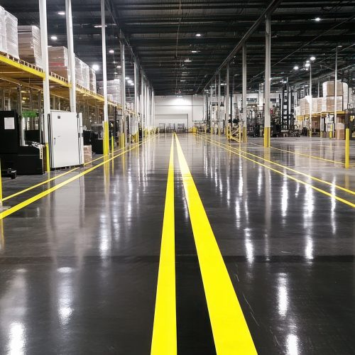 Clear floor markings guiding the safe movement of workers and machines in a large, well-lit warehouse