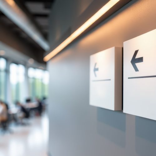 A well-lit indoor wayfinding signs mockup with easy-to-read signs, perfect for presenting wayfinding design ideas for indoor environments.